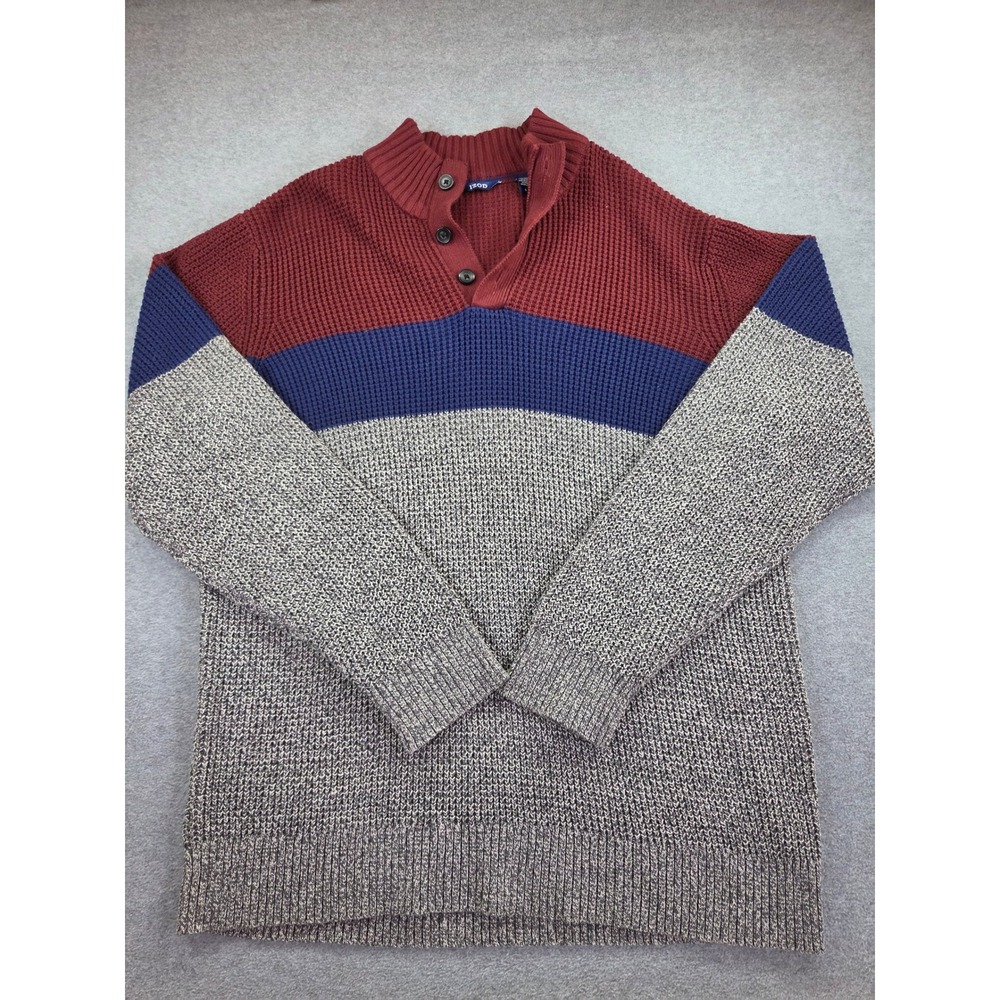 IZOD Colorblock Henley Sweater Men Large Maroon Blue Grey Waffle Knit Pullover